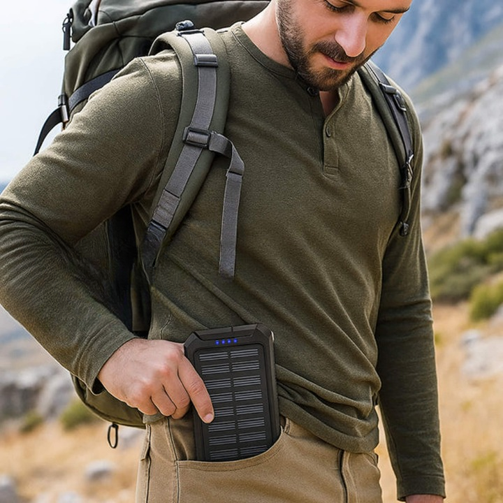 Portable Solar Power Bank with LED Flashlight