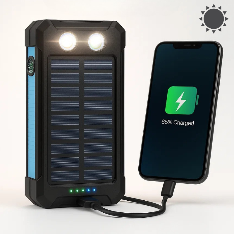 Portable Solar Power Bank with LED Flashlight