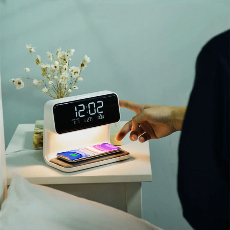 Modern Desk Clock with Dimmable LED Light & Inductive Charging Station