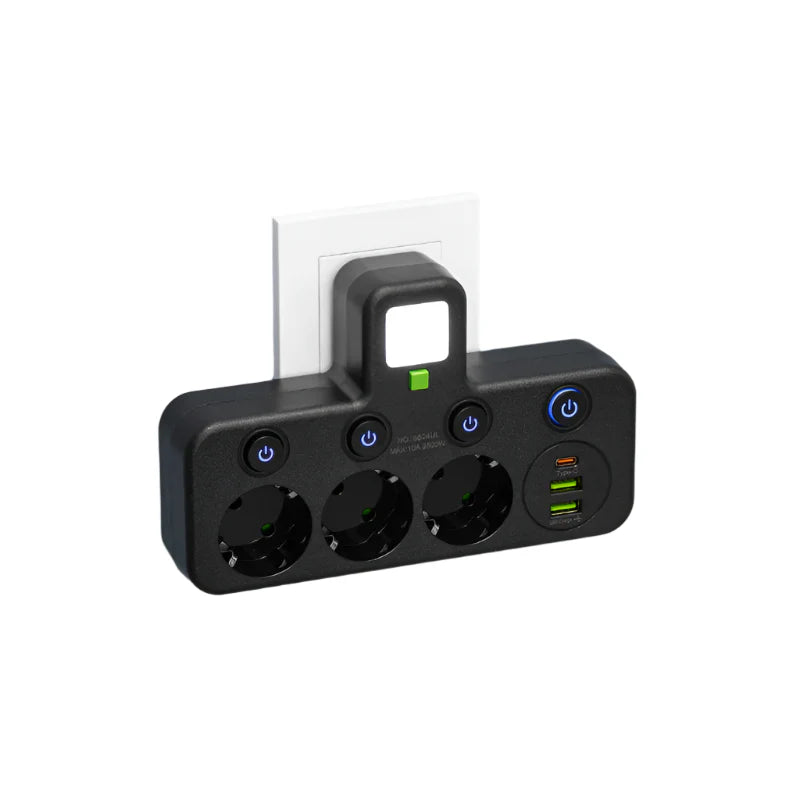 3-Way Socket Splitter with Individual Switches & Dual USB Charging Ports