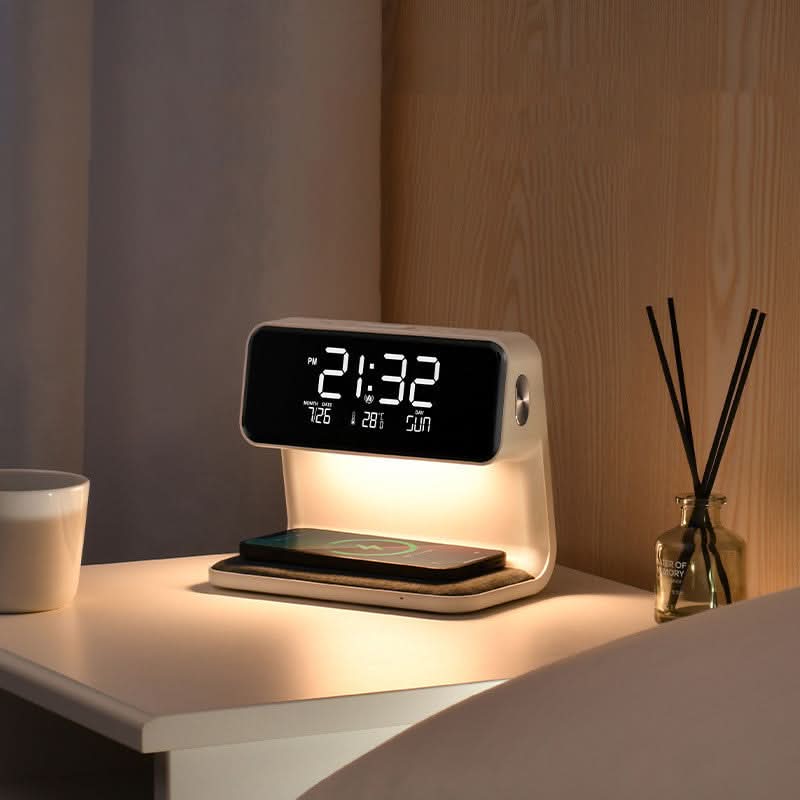Modern Desk Clock with Dimmable LED Light & Inductive Charging Station