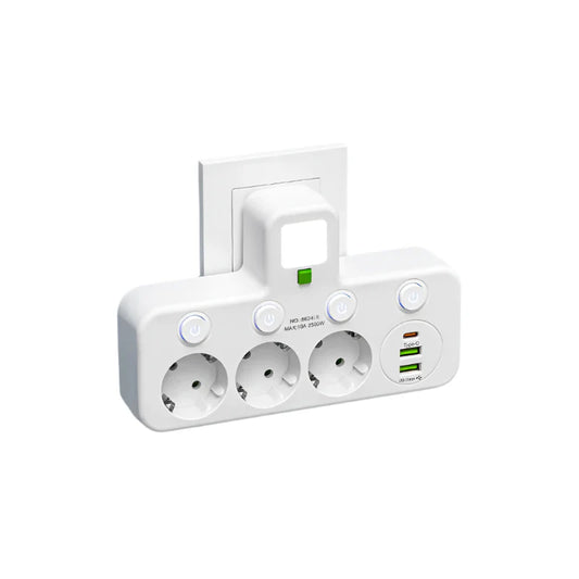 3-Way Socket Splitter with Individual Switches & Dual USB Charging Ports