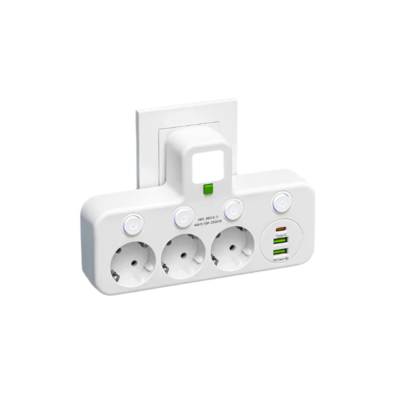 3-Way Socket Splitter with Individual Switches & Dual USB Charging Ports